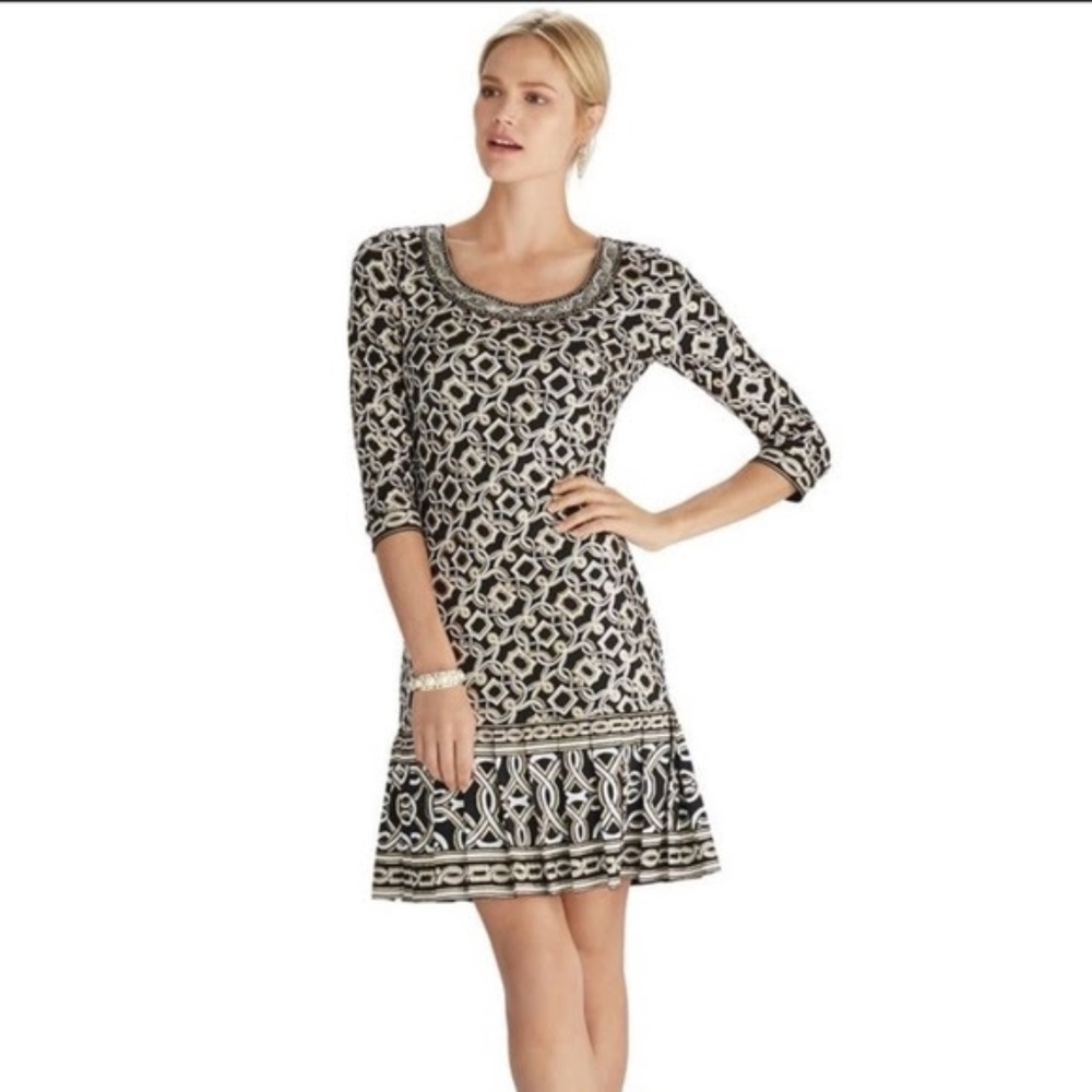 WHBM Black/Gold/White Metallic Midi Dress Embellished w/ Rhinestones. Size L